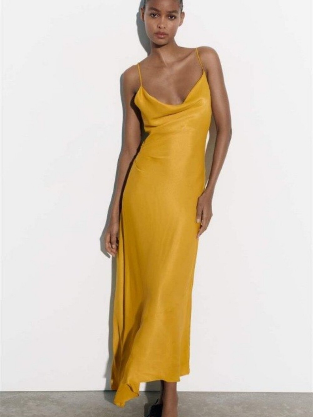 Zara Spaghetti Straps Asymmetrical Ruched Slip Dress In Mustard/gold